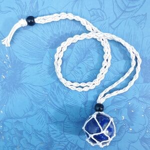 2 Ways Blue White Lapis Lazuli Sphere Crystal Macrame Pendant Bohemian Necklace